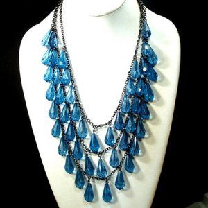 3 Stranded Transparent Blue Faceted Teardrop Charm Chain Necklace --RARE